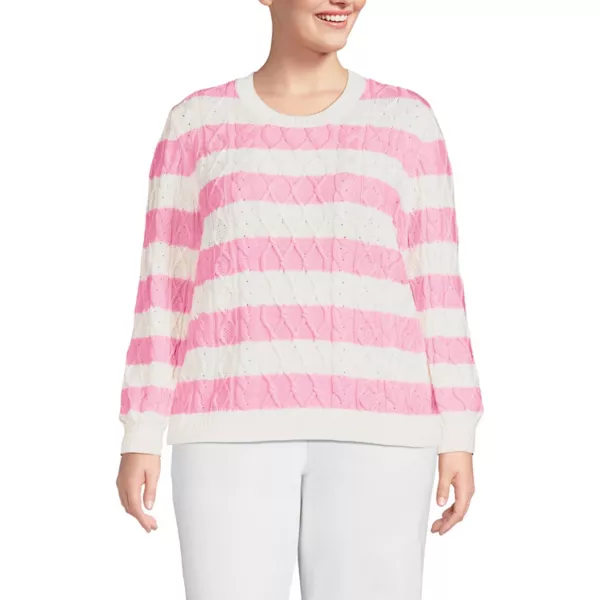 

Объемный свитер с арановыми косами и круглым вырезом Lands' End, цвет pink classic stripe