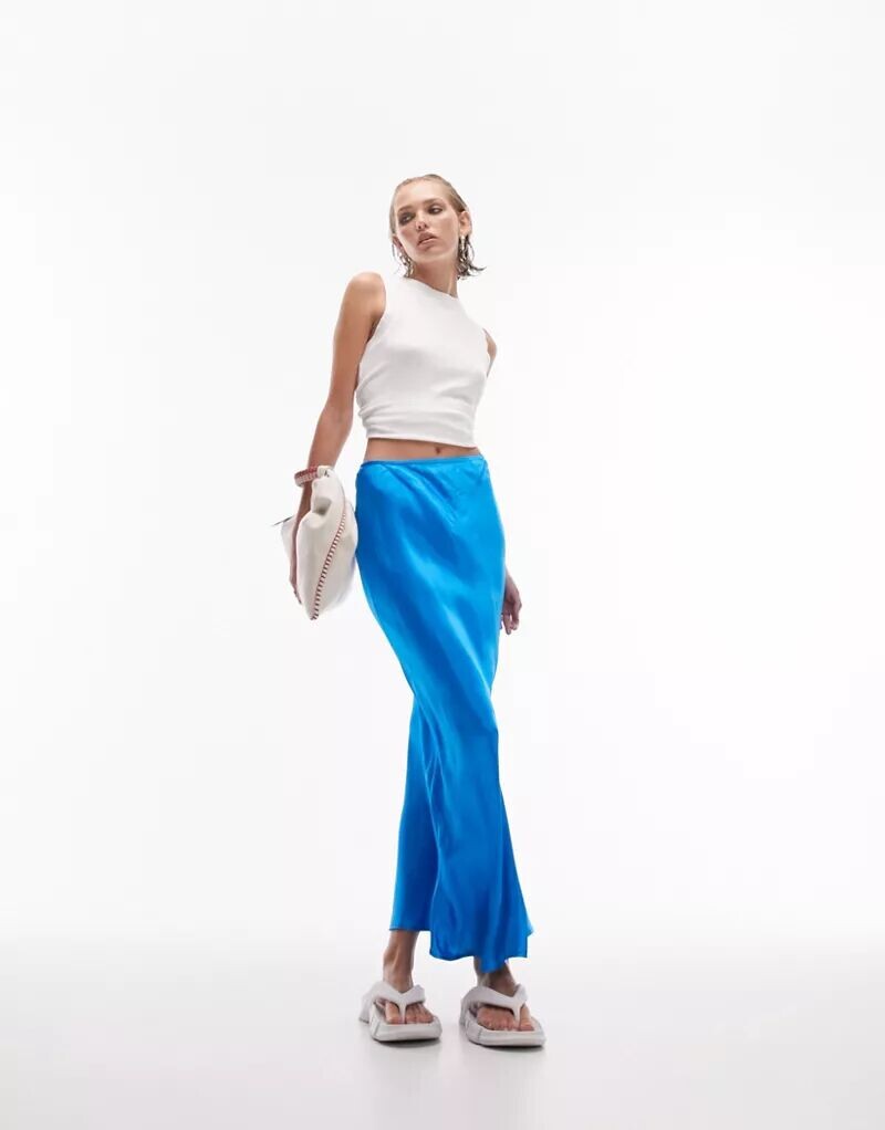

Синяя асимметричная атласная юбка макси Topshop