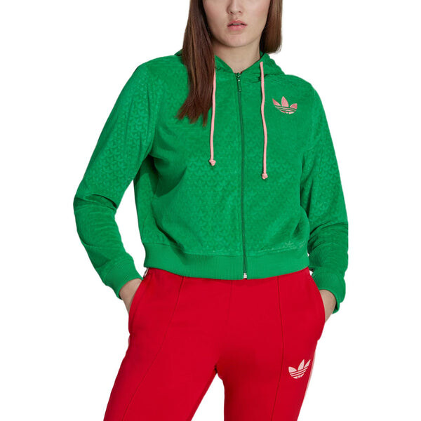 Куртка adicolor heritage now велюровая толстовка с капюшоном на молнии Adidas, зеленый — фото 2