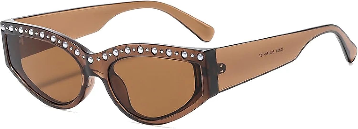 

Стильные солнцезащитные очки в форме «кошачий глаз» с бриллиантами, в маленькой оправе, для женщин и мужчин, модные, класса люкс, для путешествий и вождения, с защитой от УФ-излучения UV400 TKKTLLT, Brown Brown