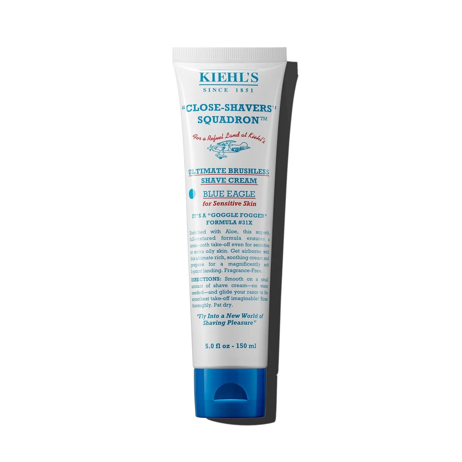 Kiehl's Ultimate Brushless Shave Cream Blue Eagle, без запаха для чувствительной кожи, с алоэ вера для успокоения и увлажнения, минимизирует раздражение, без отдушек, без парабенов - 150 мл