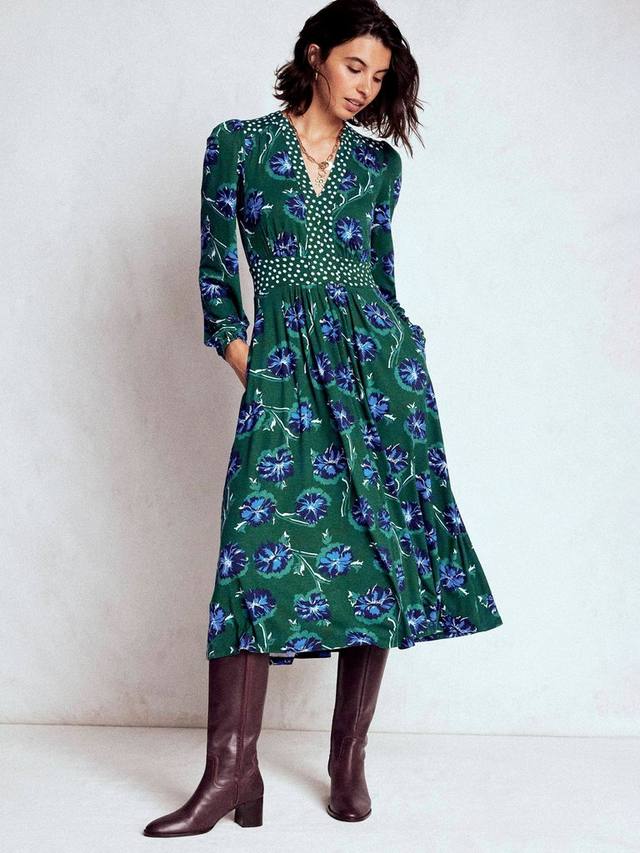 

Платье миди с длинным рукавом и цветочным принтом Lily из вискозы LENZING ECOVERO Boden, Emerald/Multi