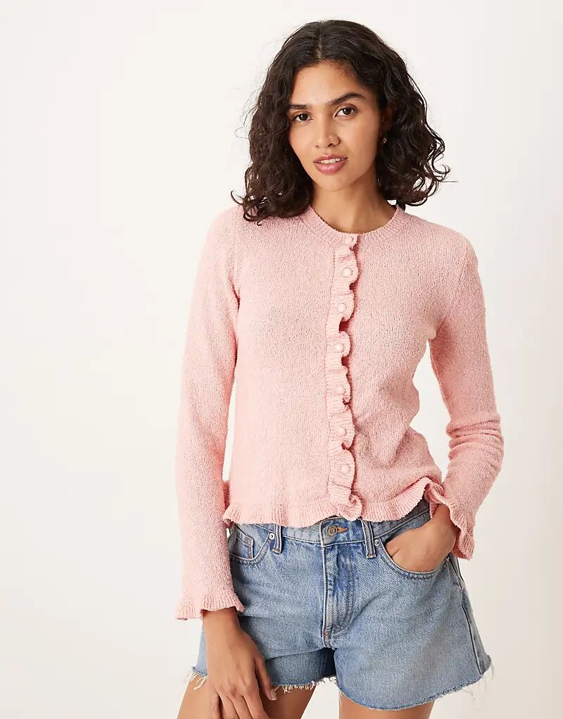 

Кардиган ASOS DESIGN текстурированной вязки с оборками по низу розового цвета