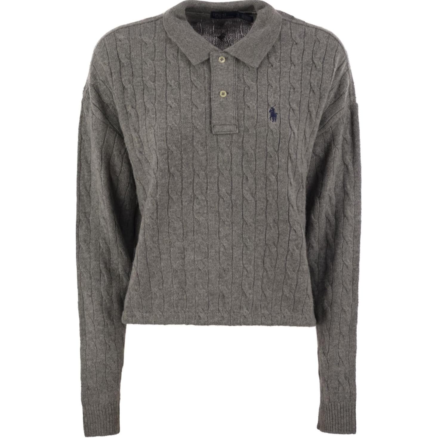 

Поло с вышитым пони и кабельной вязкой Polo Ralph Lauren, серый