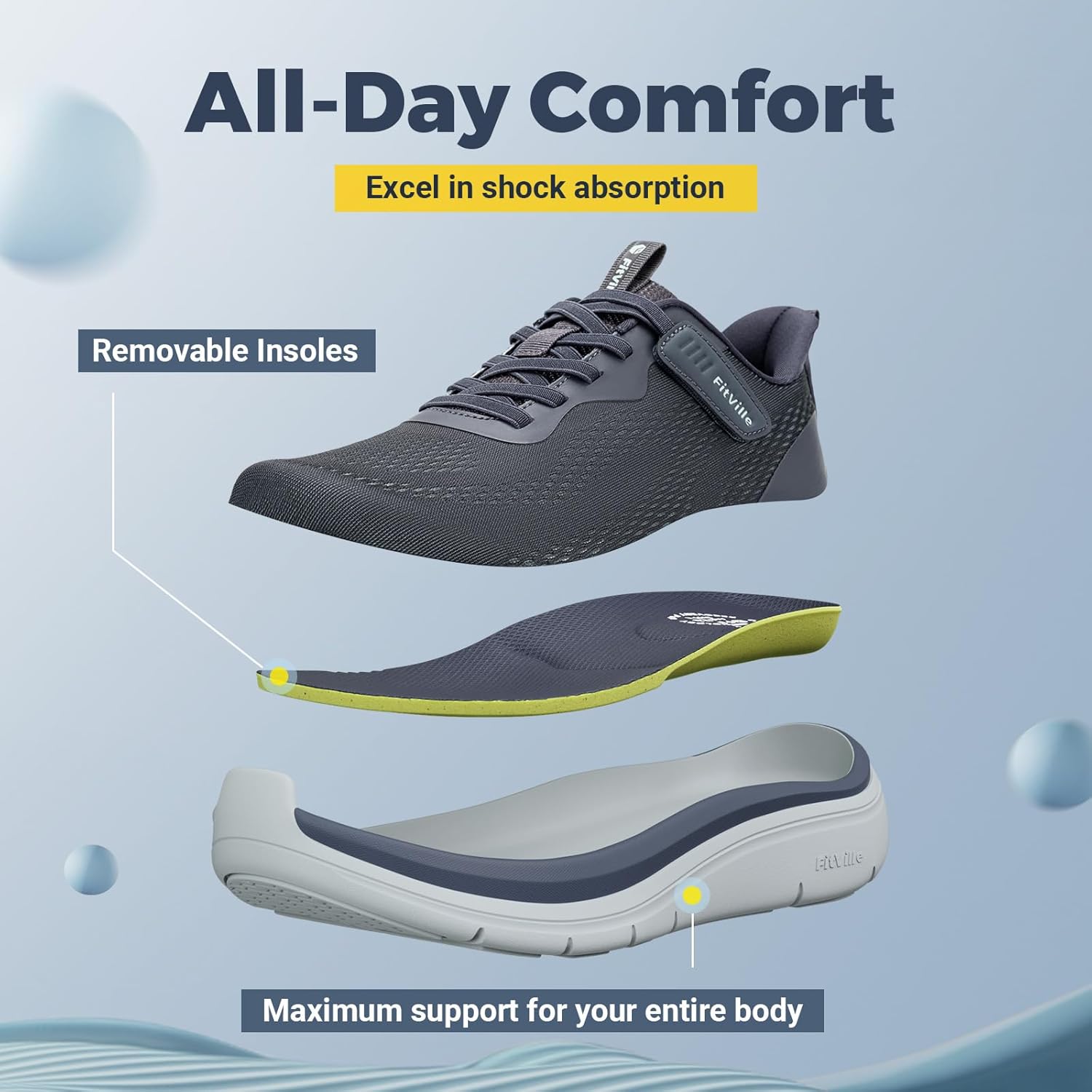 Кроссовки FitVille Wide Walking Shoes для мужчин, широкие, с поддержкой свода стопы, удобные, легкие беговые кроссовки для мужчин при плоскостопии и подошвенном фасциите - Cloud Wanderer V22, синий — фото 3