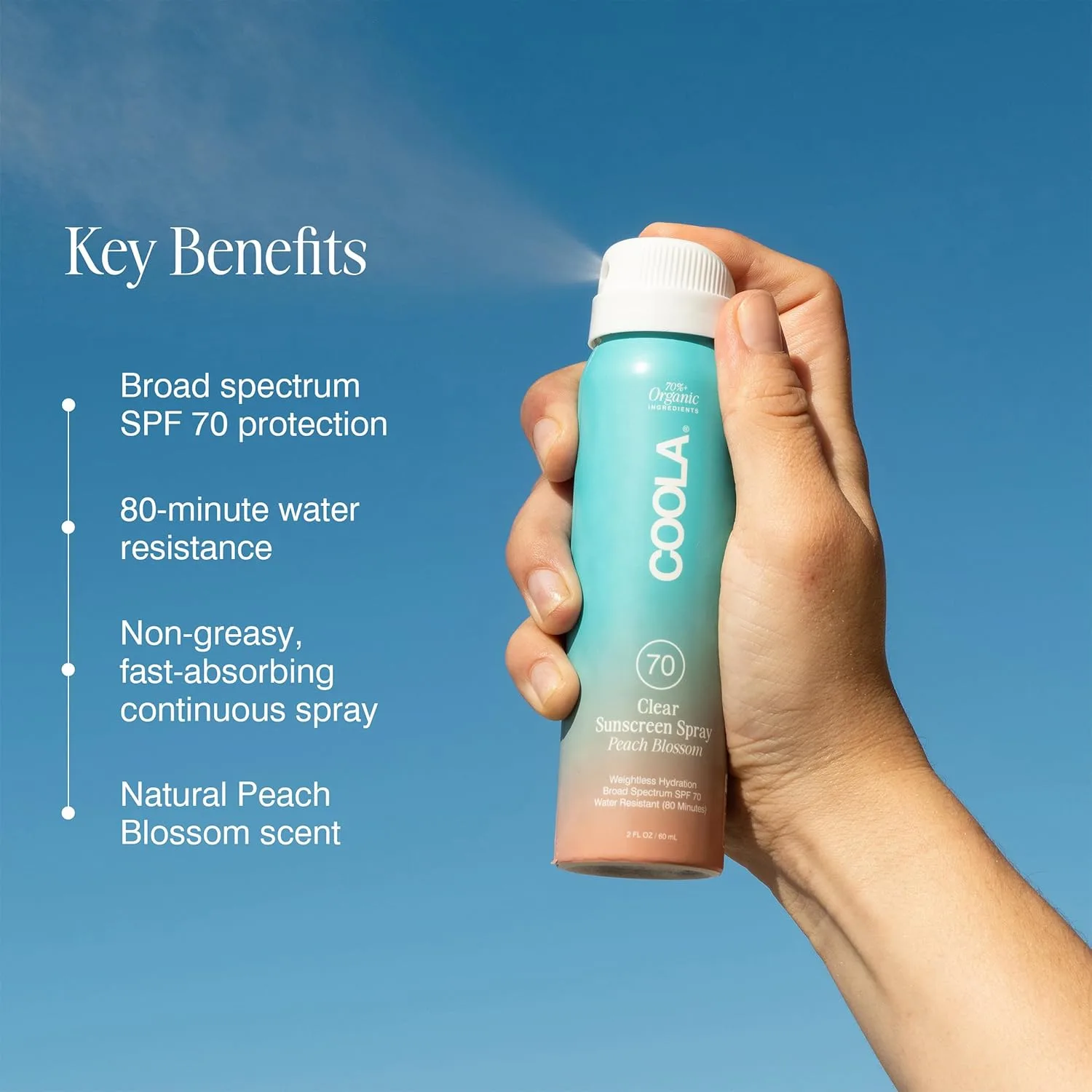 Солнцезащитный спрей COOLA Organic Sunscreen SPF 70, протестирован дерматологами, обеспечивает ежедневную защиту кожи, подходит для веганов и не содержит глютена, аромат персикового цветка. 59 мл (1 шт.) — фото 2