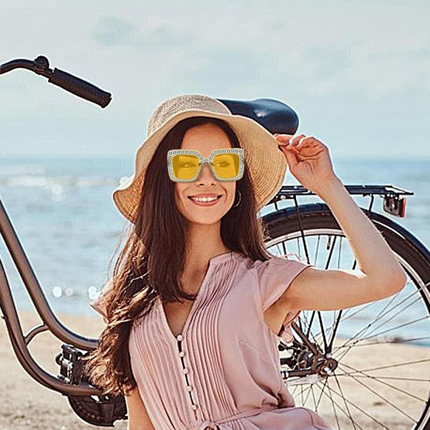 

Женские солнцезащитные очки со стразами - Декоративные квадратные очки - Женские солнцезащитные очки большого размера, очки в квадратной оправе для женщин Generic, Yellow