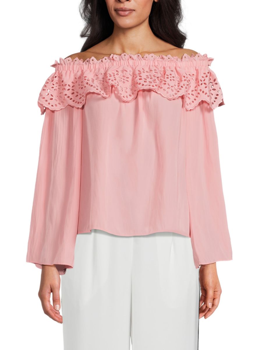 

Топ с открытыми плечами и оборками Ramy Brook, цвет Pink Tulip