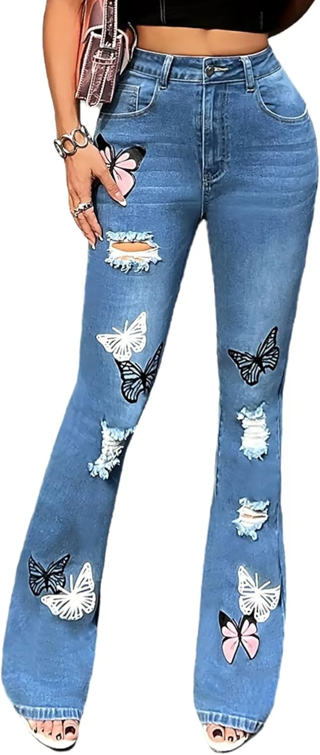 

Женские джинсы с потертостями и принтом бабочек, расклешенные, с высокой посадкой QLAUYIOE