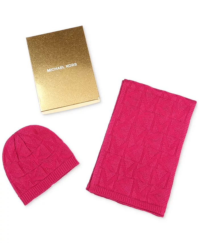 

Женский комплект шапки и шарфа Debossed Knit Metallic Michael Kors, коричневый/бежевый
