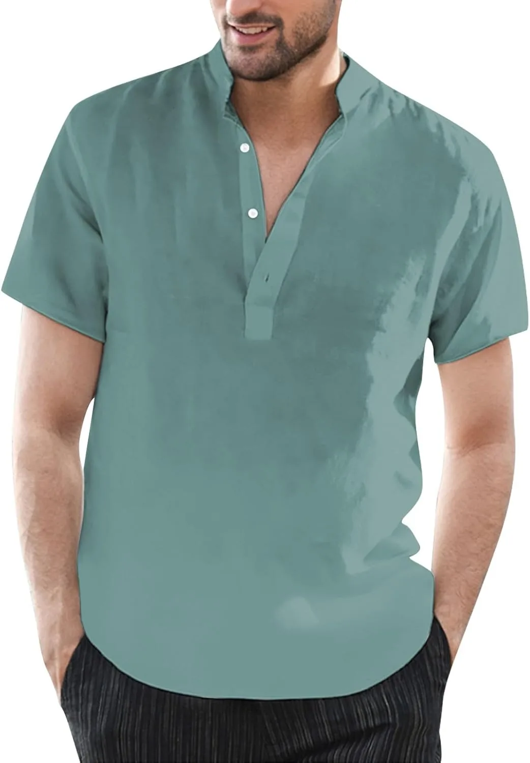 

Мужская легкая хлопковая льняная футболка с коротким рукавом Henley ESKNAS