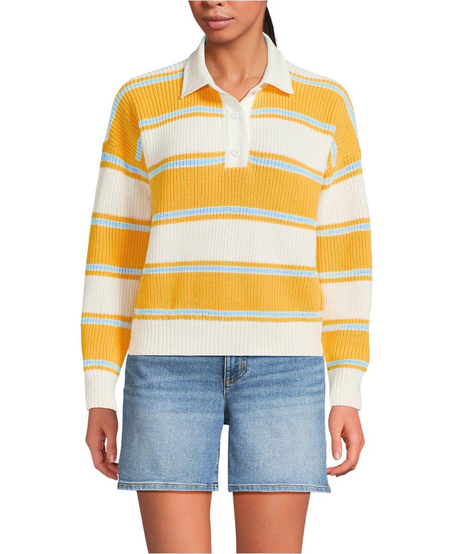 

Женский регбийный свитер Petite Drifter с тканым воротником Lands' End, Sunkissed yellow stripes