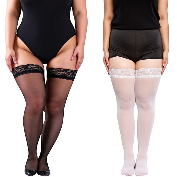 

2 шт женские plus size кружевные чулки до бедра с гладкой отделкой и мягкой эластичной конструкцией Anna-Kaci, Multicolored