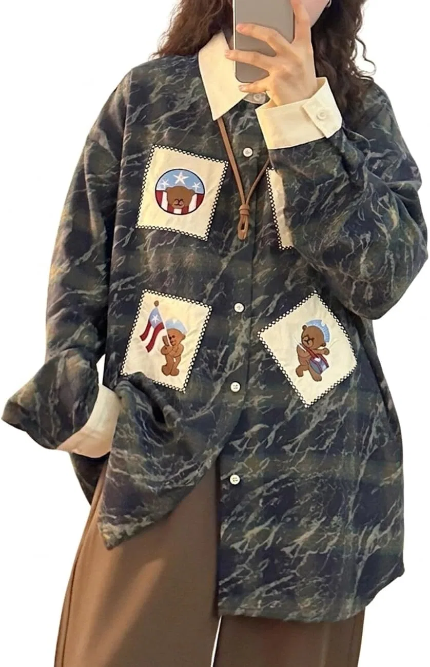 Блуза с принтом медведя, ретро, Oversize, синий