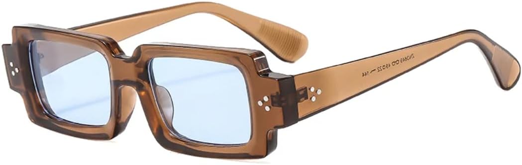 

Ретро маленькие прямоугольные солнцезащитные очки для женщин с заклепками, защита от УФ-излучения UV400, модные мужские очки с прозрачными линзами в оправе UATXTAU, Tea Blue