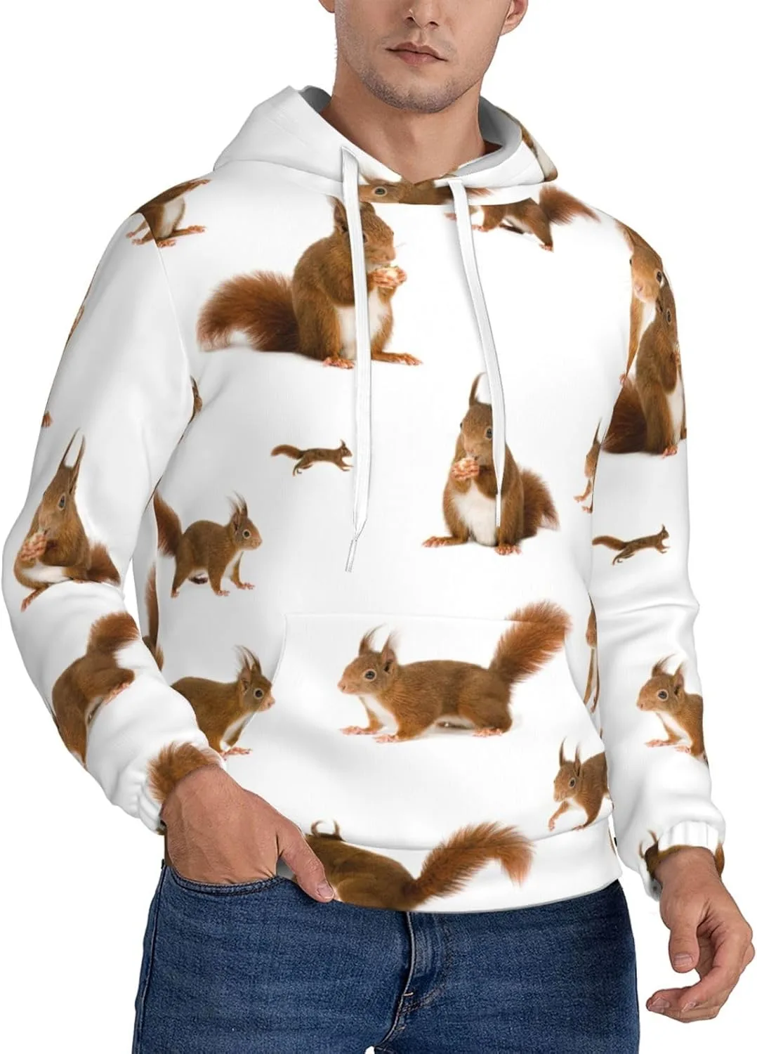 

Мужская флисовая худи с капюшоном Large — мягкая, теплая, с карманом и принтом белки SamLng