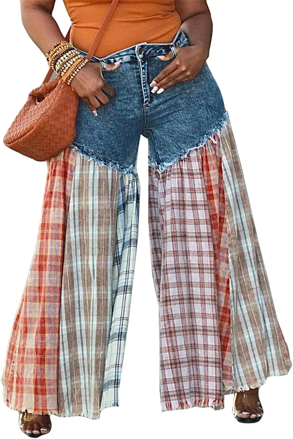 

Женские джинсы с высокой талией в клетку и пачворком Qikaka