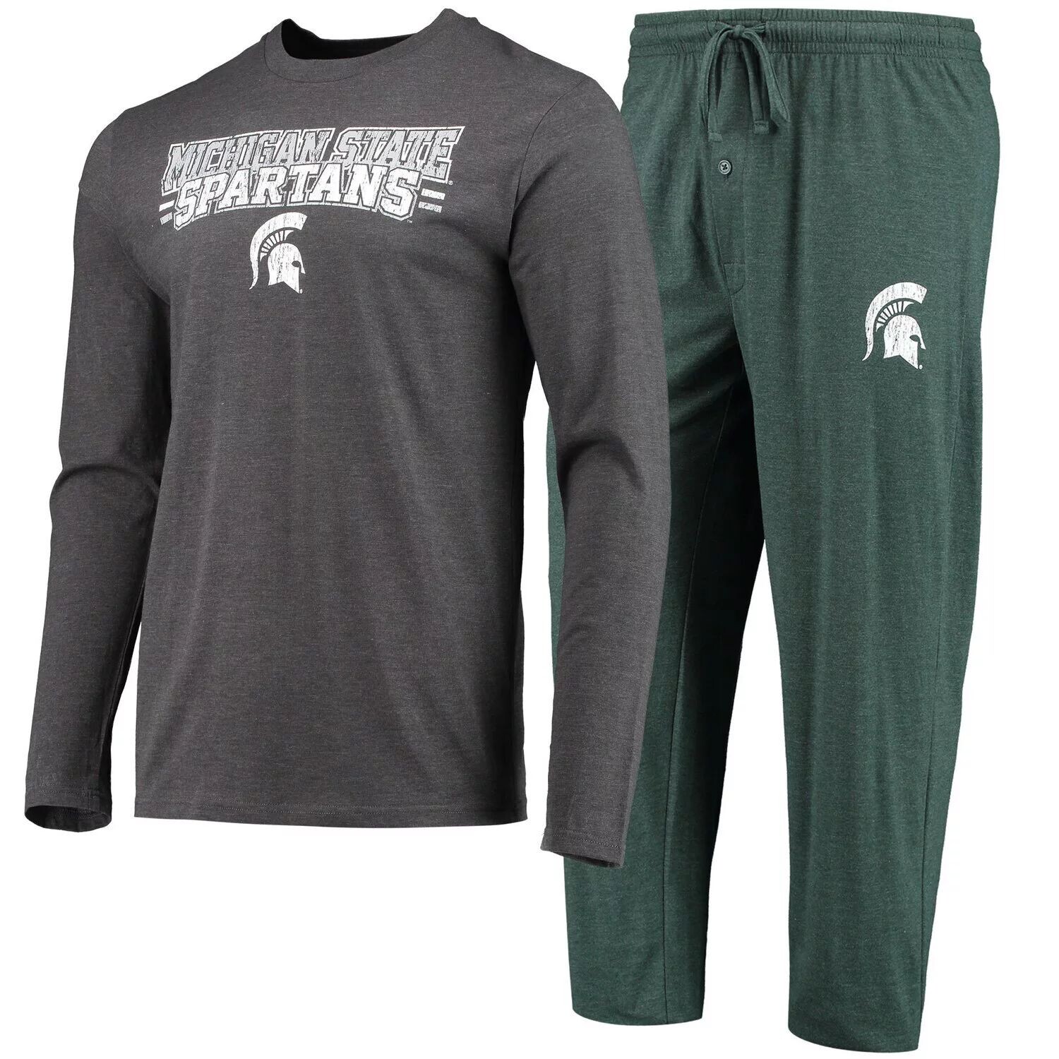 

Мужская футболка Concepts Sport Green/Heared Charcoal Michigan State Spartans Meter, футболка с длинными рукавами и брюки, комплект для сна