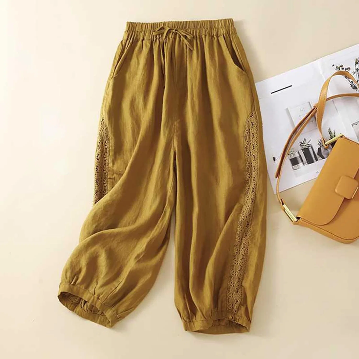 Брюки для активного отдыха женские, широкие, из льна с хлопком, Elastic Waisted, Yellow-2 — фото 2