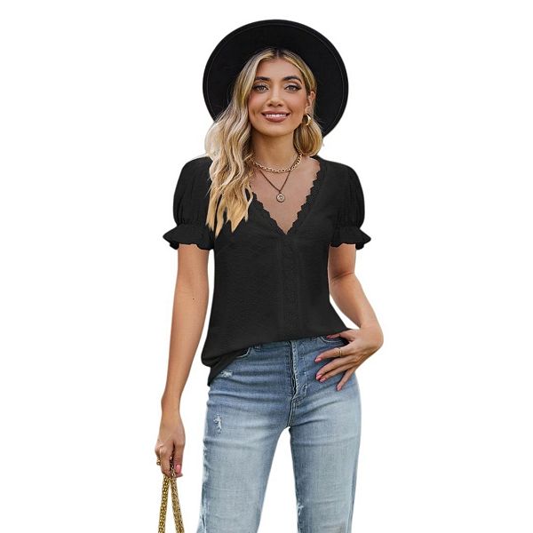 

Женская блузка с коротким рукавом, цветочным кружевом и V-образным вырезом Yesfashion, Black