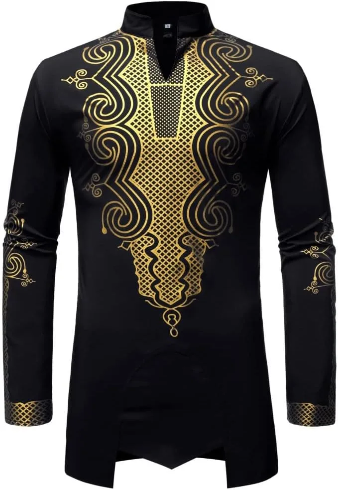

Мужская рубашка Dashiki с длинным рукавом и принтом Metallic Gold XSION