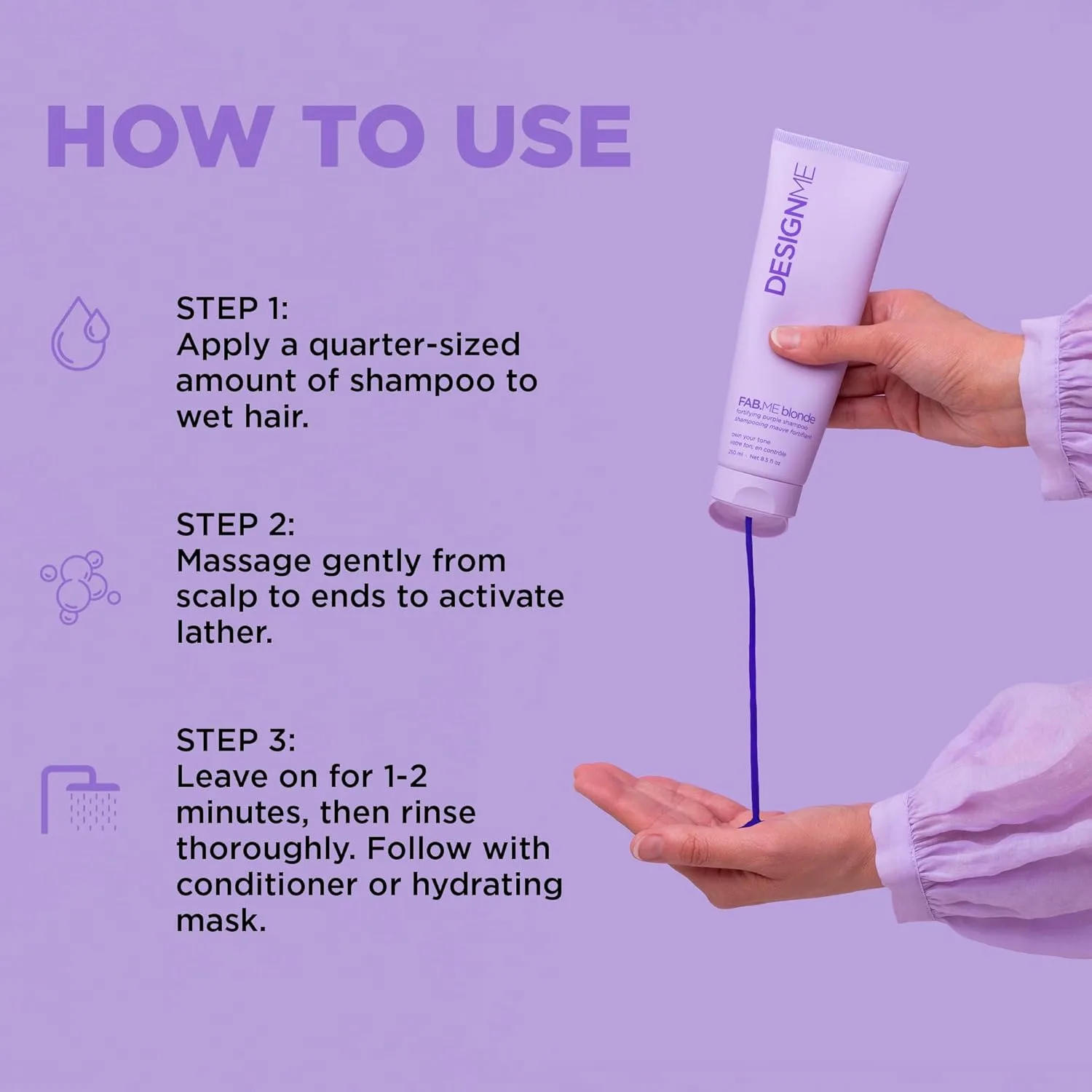 Design.Me FAB.ME Blonde Fortifying Purple Shampoo, тонирующий шампунь для блонда, нейтрализует желтизну и медные оттенки, с гиалуроновой кислотой — фото 4