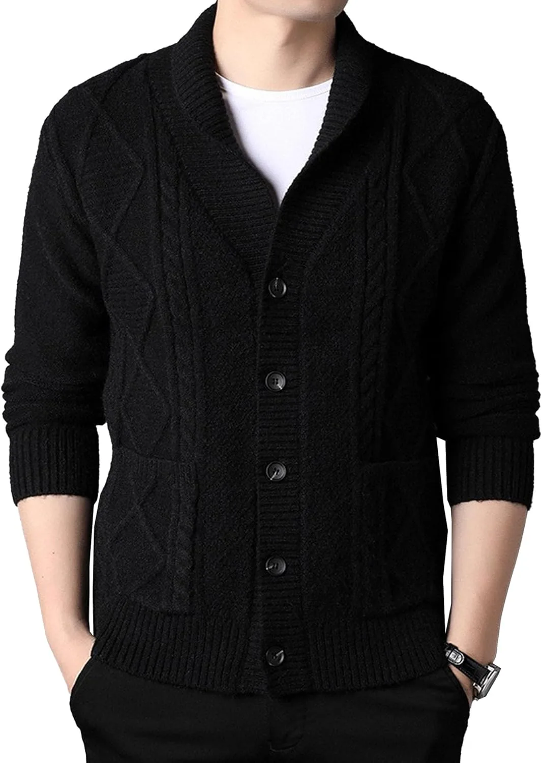 

Мужской кардиган с воротником и косой вязкой