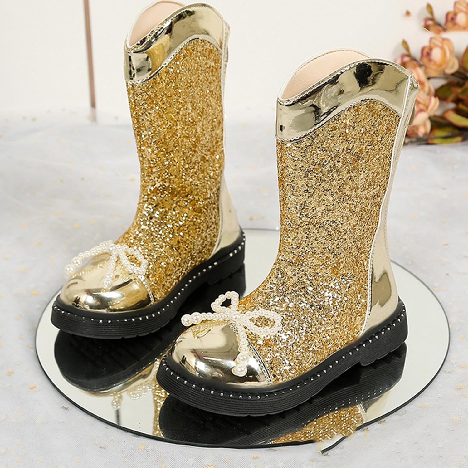 Сапожки Ctreela Sparkle Cowgirl для маленьких и больших детей, ковбойские западные блестящие сапожки для девочек, металлические сапоги средней высоты, золотой — фото 2