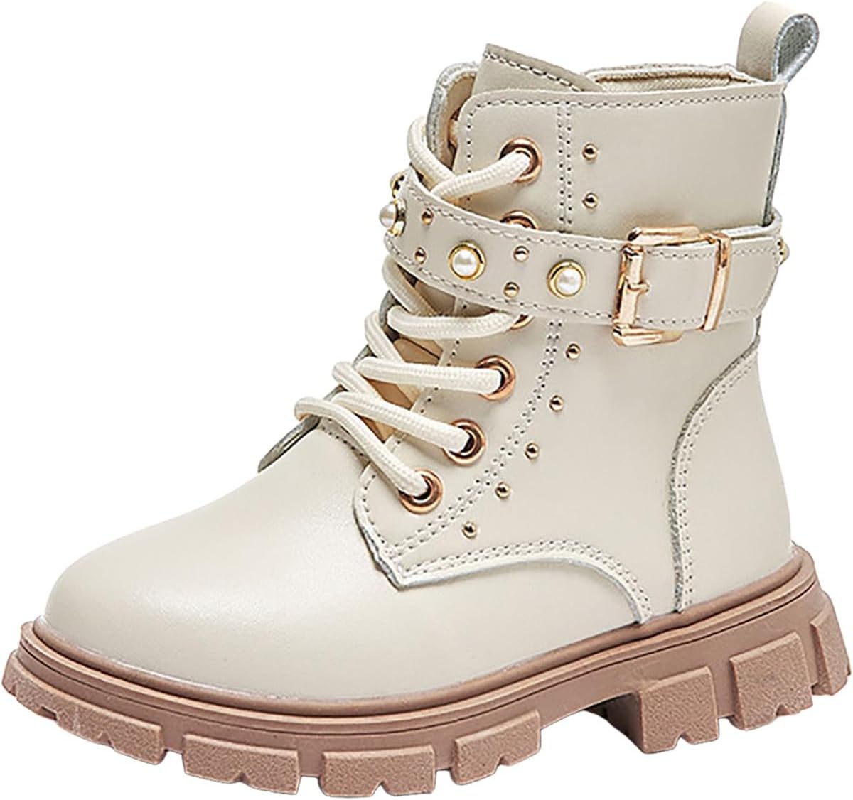 

Ботинки для девочек Боевые ботинки на шнуровке с пряжкой и жемчугом, ботильоны на молнии сбоку, готические панк-ботинки с массивной подошвой, круглым носком, для платья, верховой езды, водонепроницаемые, противоскользящие для детей Generic, Beig...