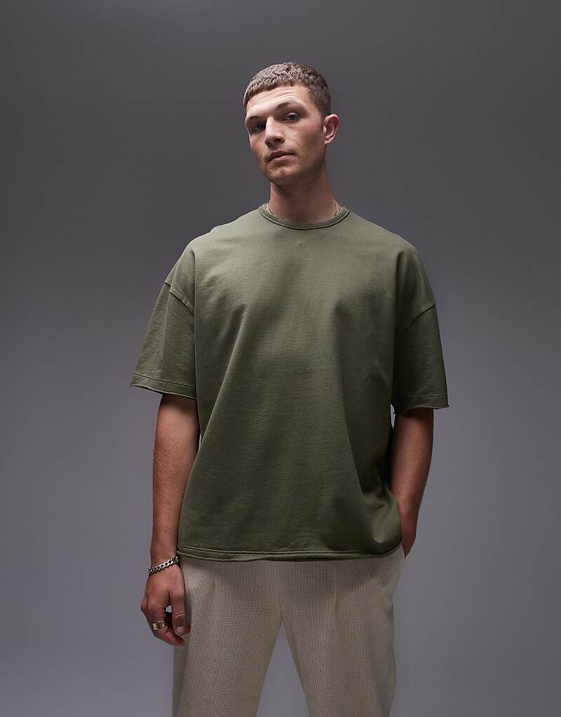 

Topman Футболка оверсайз Extreme с эффектом стирания, необрезанными рукавами и низом цвета стираного цвета хаки