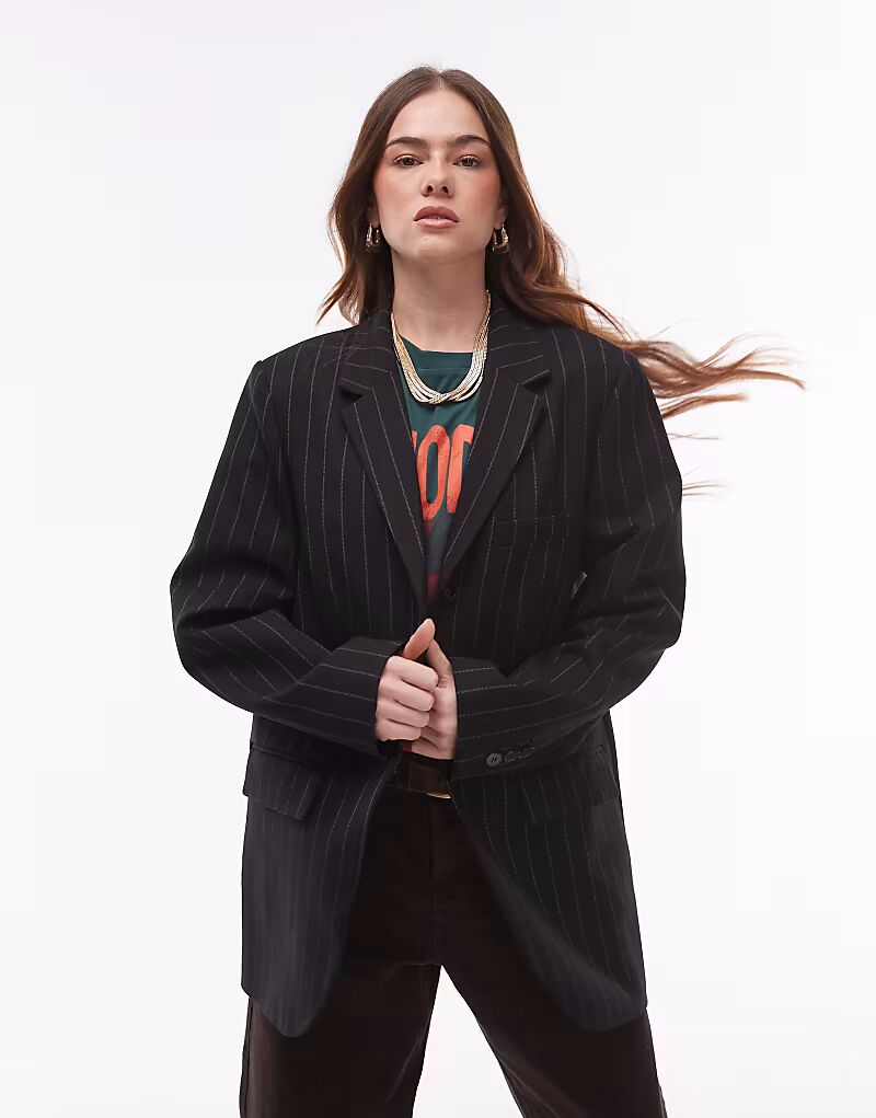 

Приталенный блейзер Topshop с высокой талией в тонкую черную полоску
