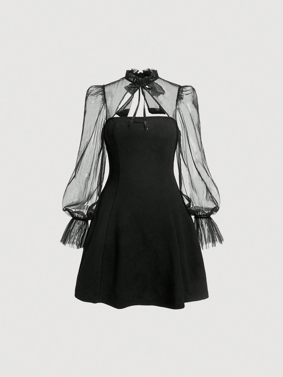 

SHEIN MOD Платье из сетки, расклешенные рукава, завязывающийся воротник, черное, водолазка, длинные рукава, прозрачная ткань, черный цвет