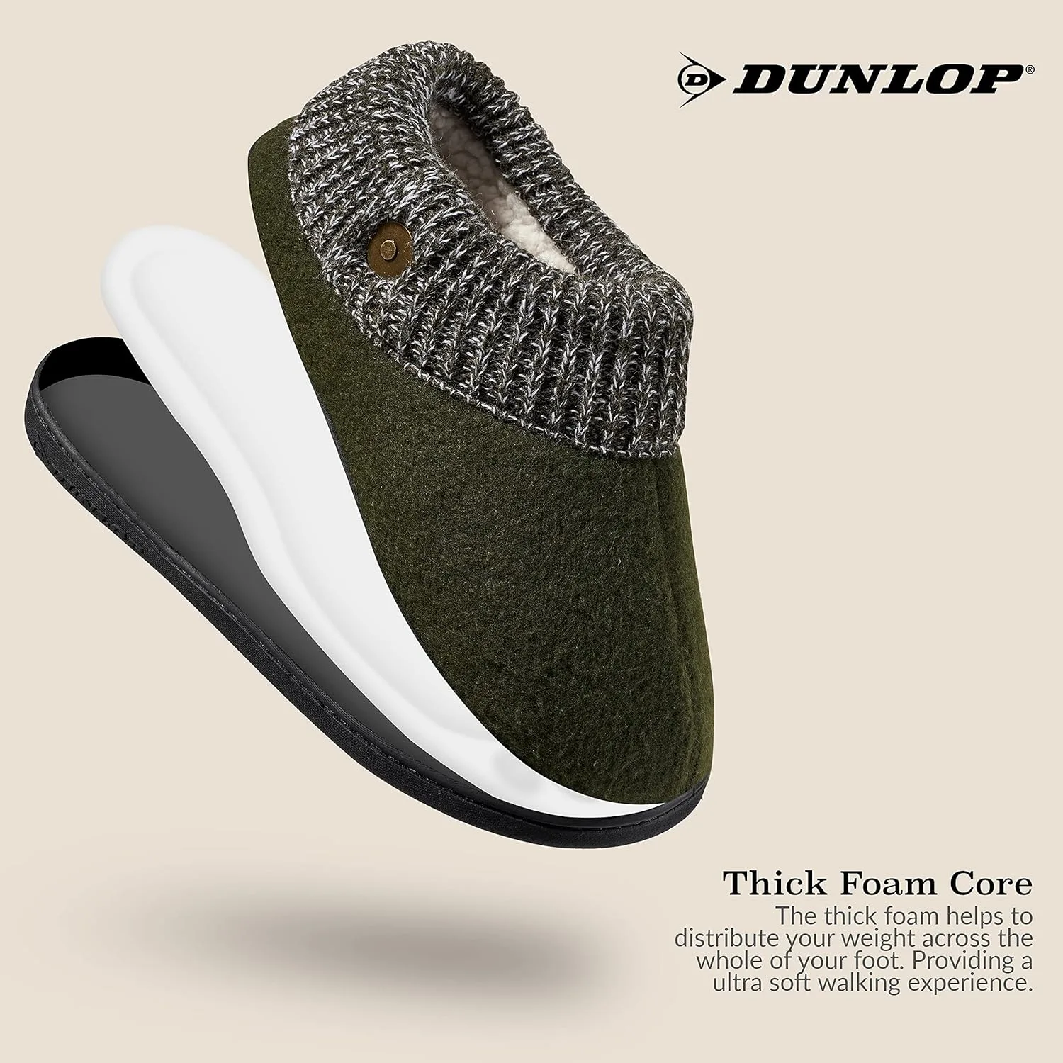 Мужские домашние тапочки Dunlop изготовлены из флиса шерпа и пенопласта с эффектом памяти, не задерживающего движения, хаки — фото 4