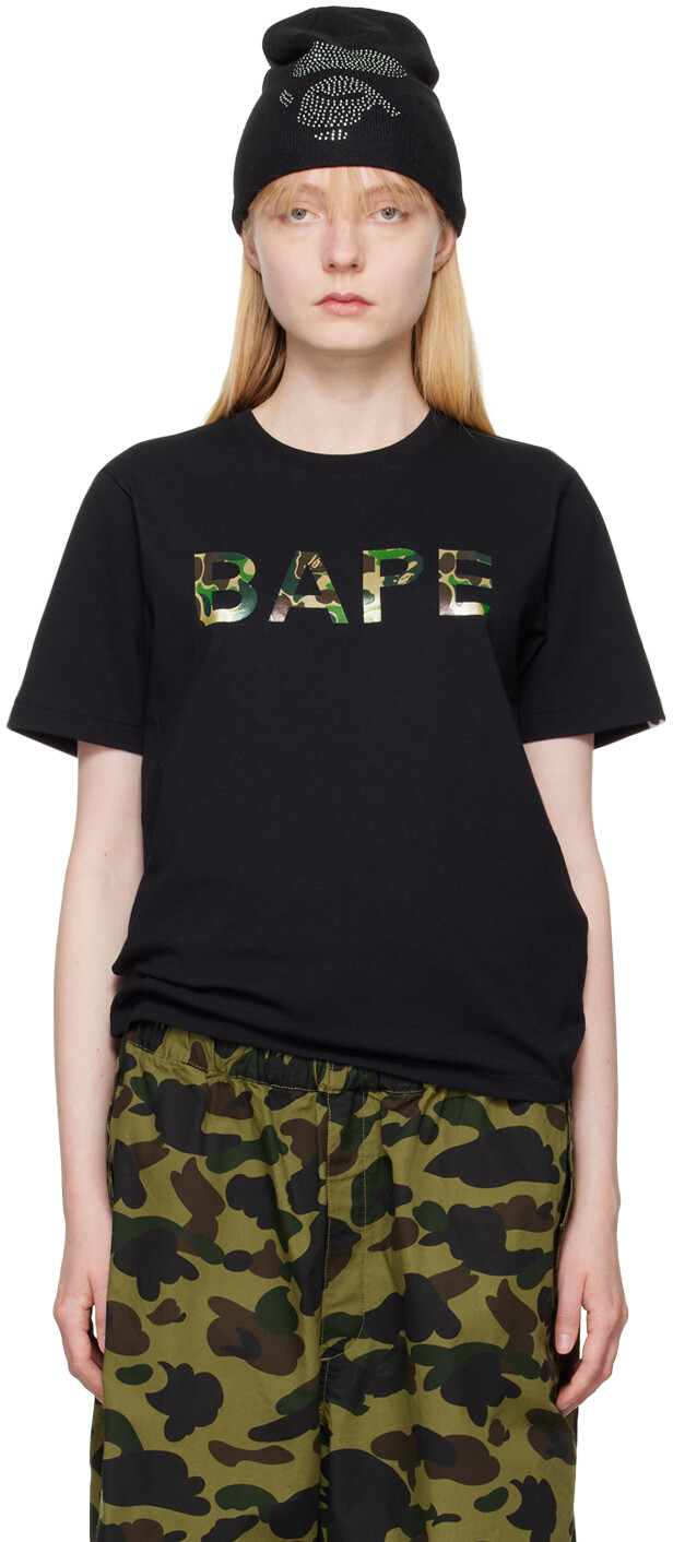 

Черная футболка с камуфляжным принтом Abc и блестками BAPE, черный/зеленый