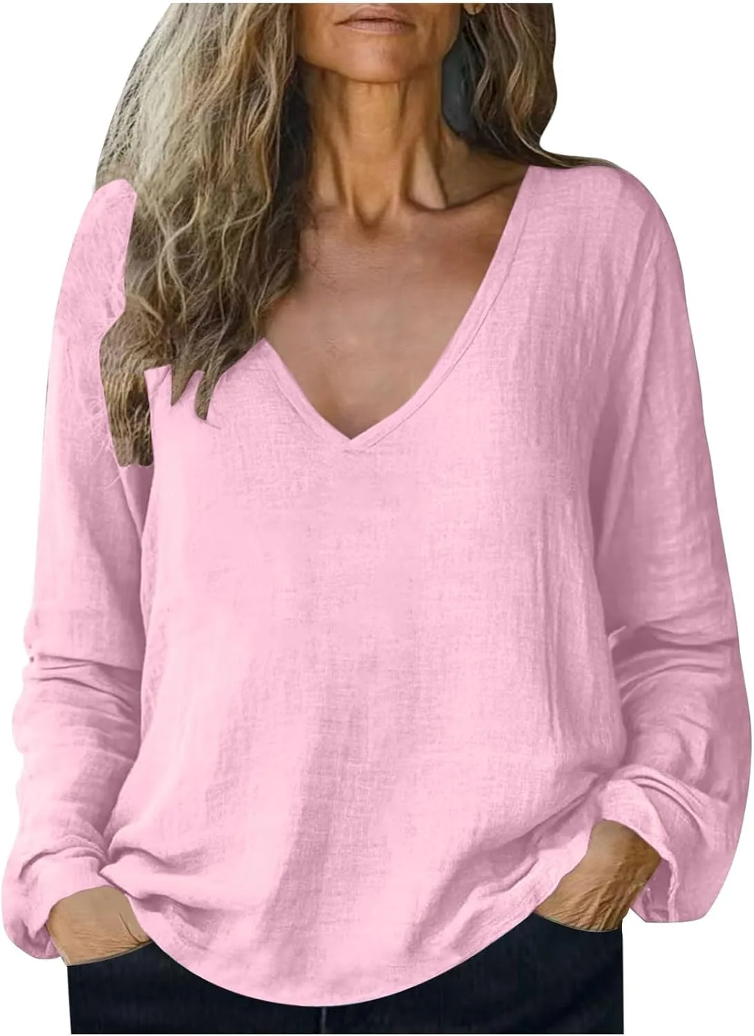 

Женская льняная блузка с V-образным вырезом и длинными рукавами AKTCVVJ