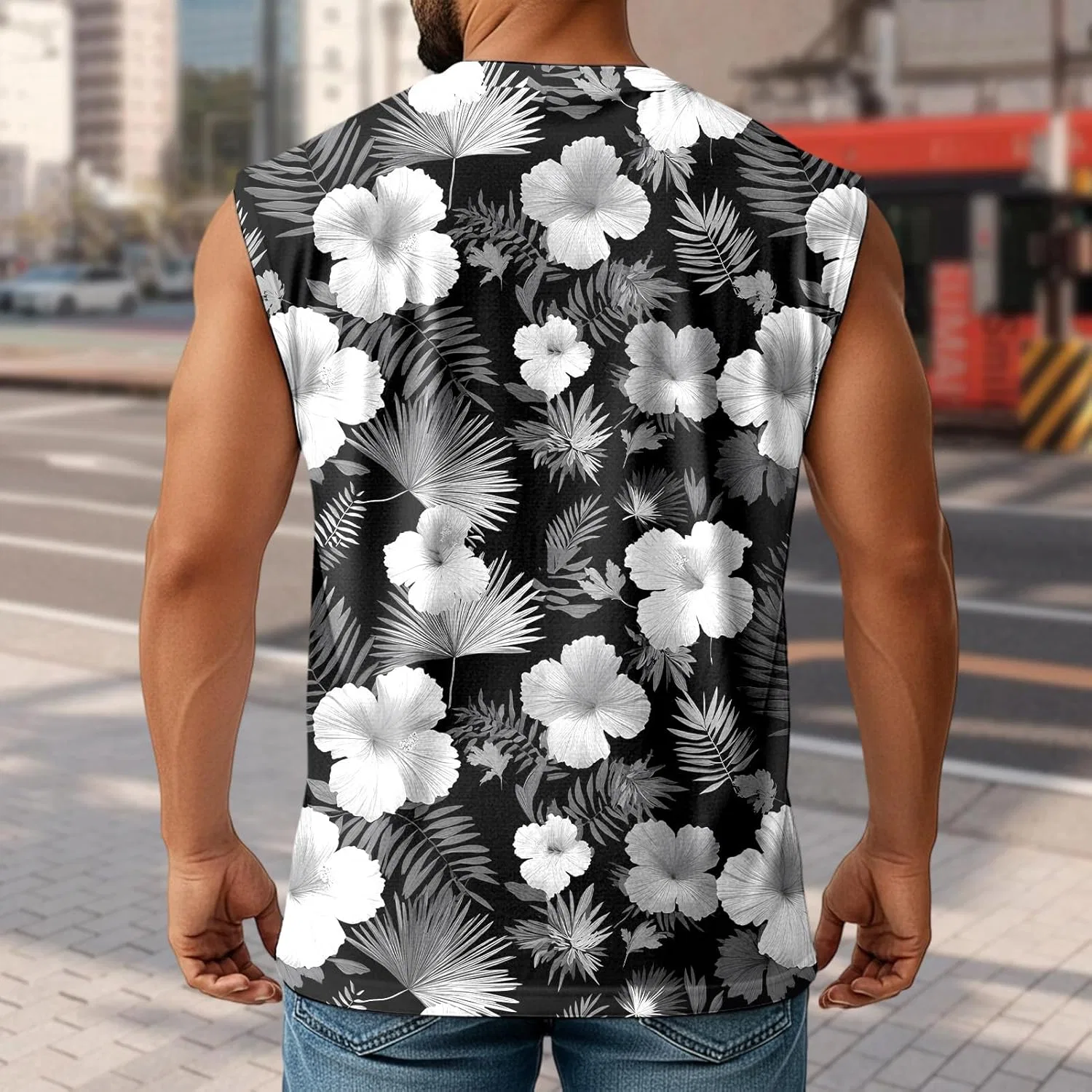 Мужской топ-танк с гавайским принтом, Hibiscus Floral, цвет Black White Hibiscus — фото 3
