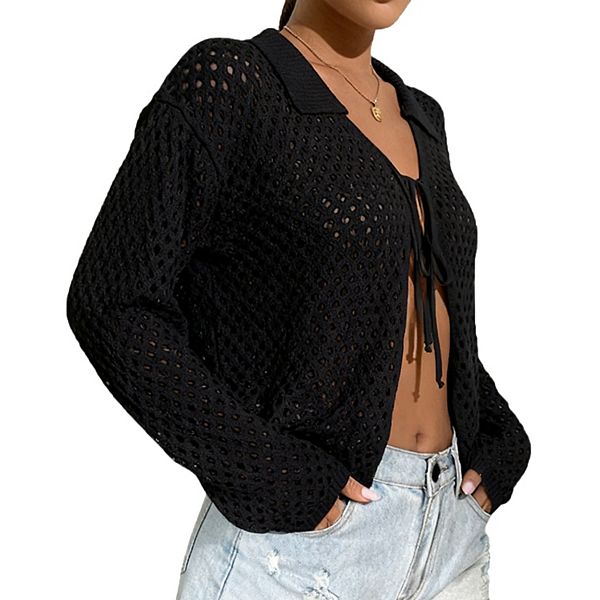 

Женский кардиган с v-образным вырезом и длинными рукавами в стиле кроп Clearflower, Black