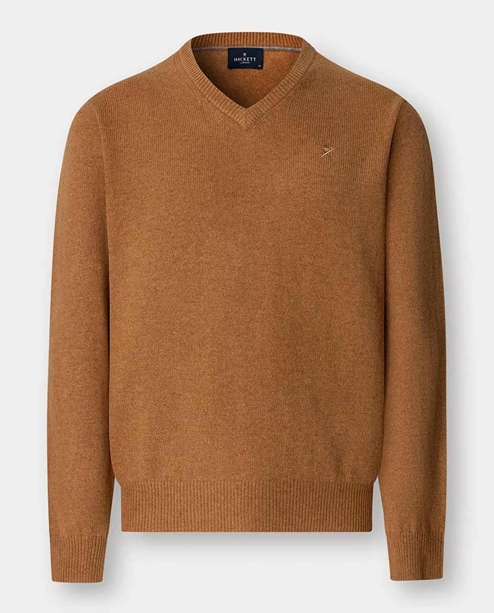 

Мужской однотонный джемпер с V-образным вырезом и вышитым логотипом Hackett, песочный