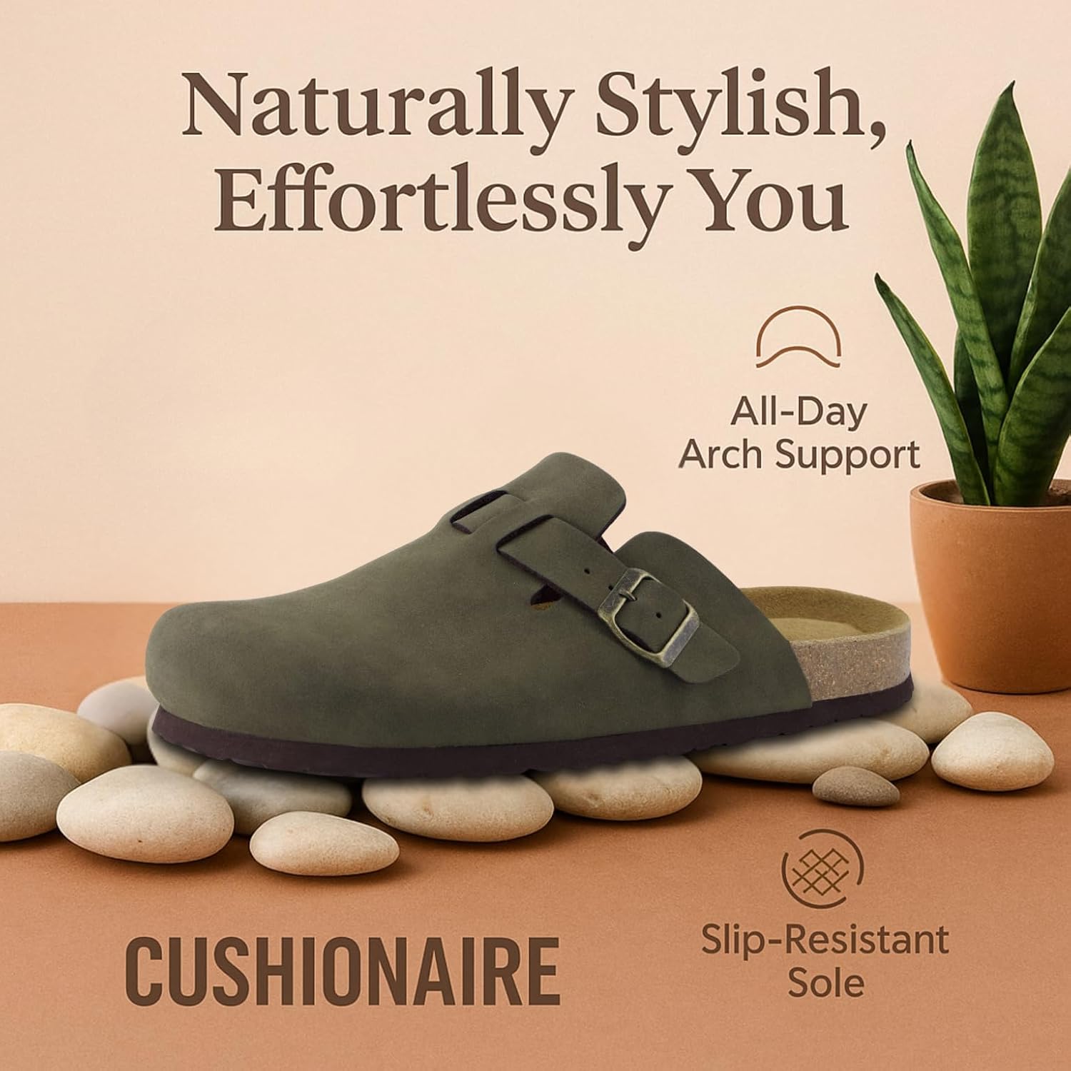 Мужские сабо CUSHIONAIRE Haze, Удобные сабо на мягкой подошве с поддержкой свода стопы и стелькой из пробковой замши, Идеальная обувь для дома и улицы, оливковый — фото 4