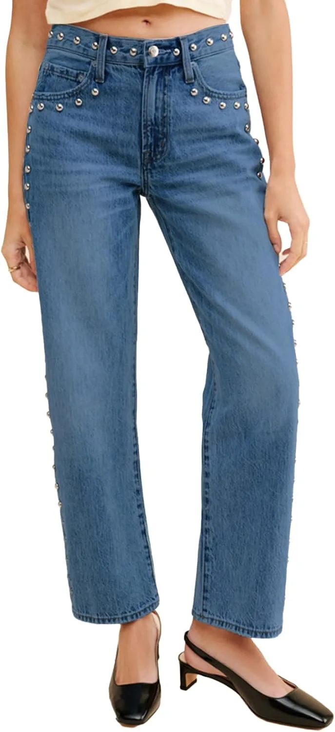 

D-Sun Women's Mid Rise Straight Leg Jeans Studded Wide Leg