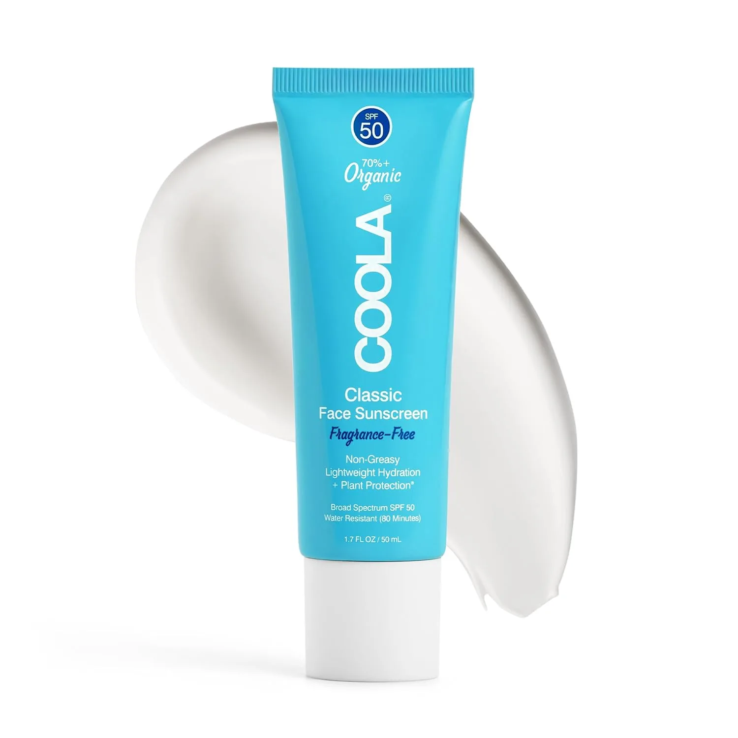 COOLA Органический солнцезащитный лосьон для лица SPF 50, протестирован дерматологами, обеспечивает ежедневную защиту кожи, подходит для веганов, не содержит глютена и отдушек.