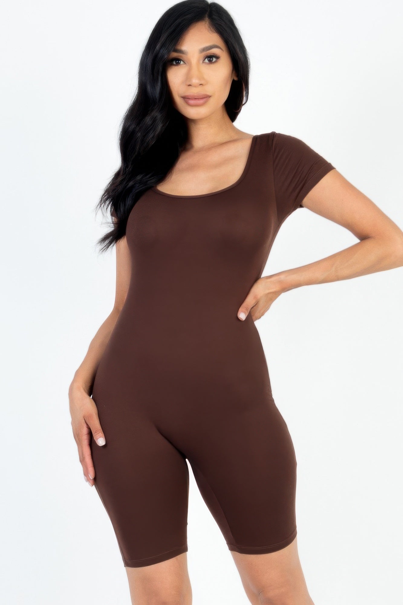 

FASHNZFAB Женский комбинезон с коротким рукавом и круглым вырезом, цвет coffee