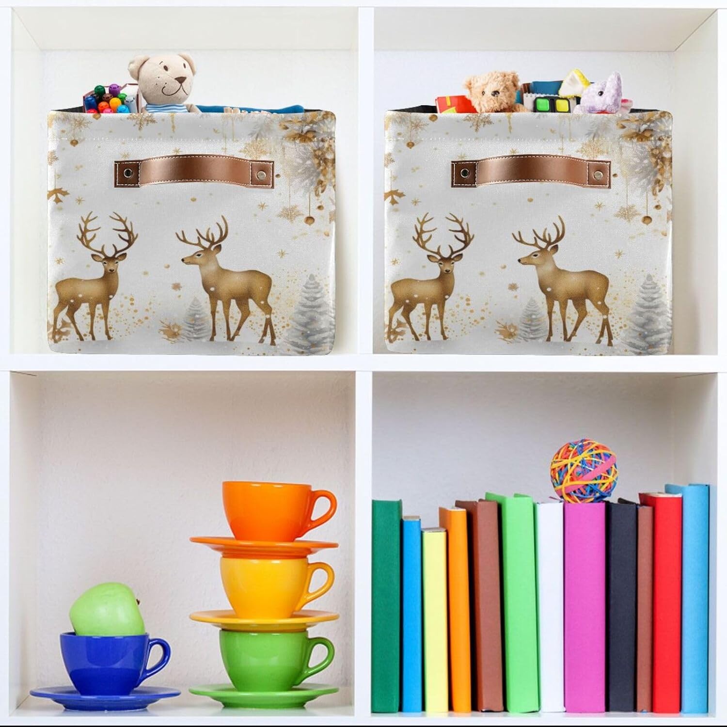 

ALAZA Golden Reindeer Deer Merry Christmas Складная коробка для хранения Корзина для хранения Органайзер Контейнеры с ручками для полок Шкаф Гостиная Спальня Домашний офис 1 упаковка