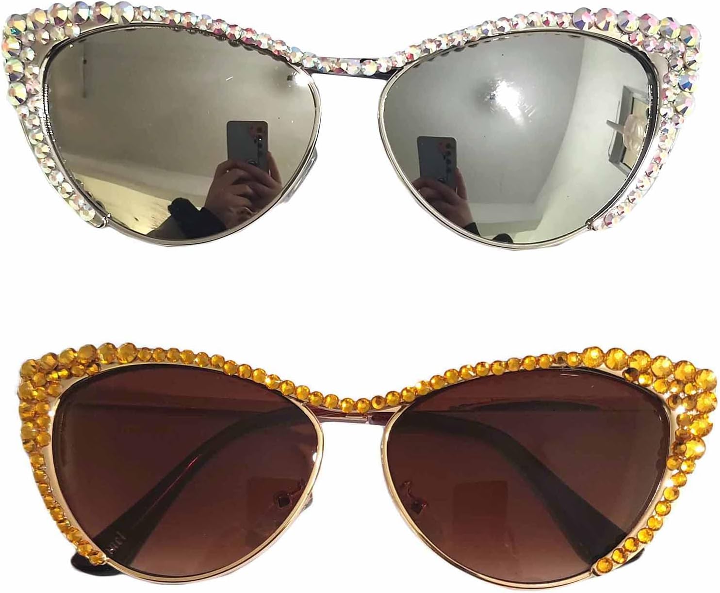 

Солнцезащитные очки Willochra в маленькой оправе «кошачий глаз» с кристальной оправой и блестящими бриллиантами для женщин, винтажные, со стразами, для вечеринки, 2pcs-brown&silver