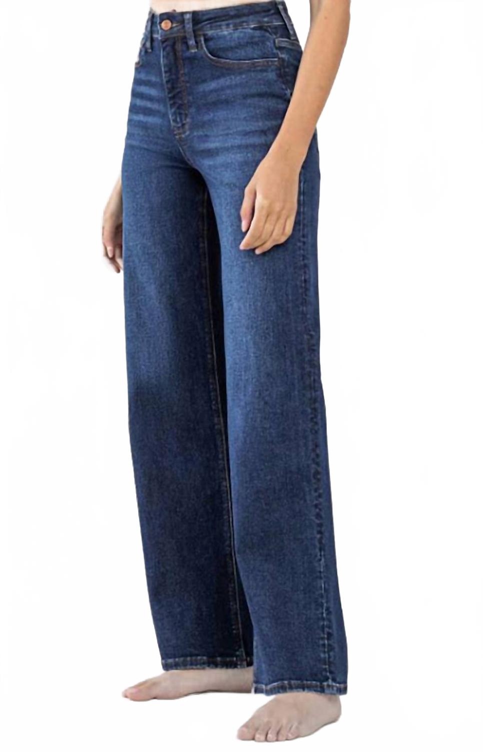 

Женские джинсы 90s Super-High Loose Fit в темно-синем дениме с расклешенными штанинами LOVERVET