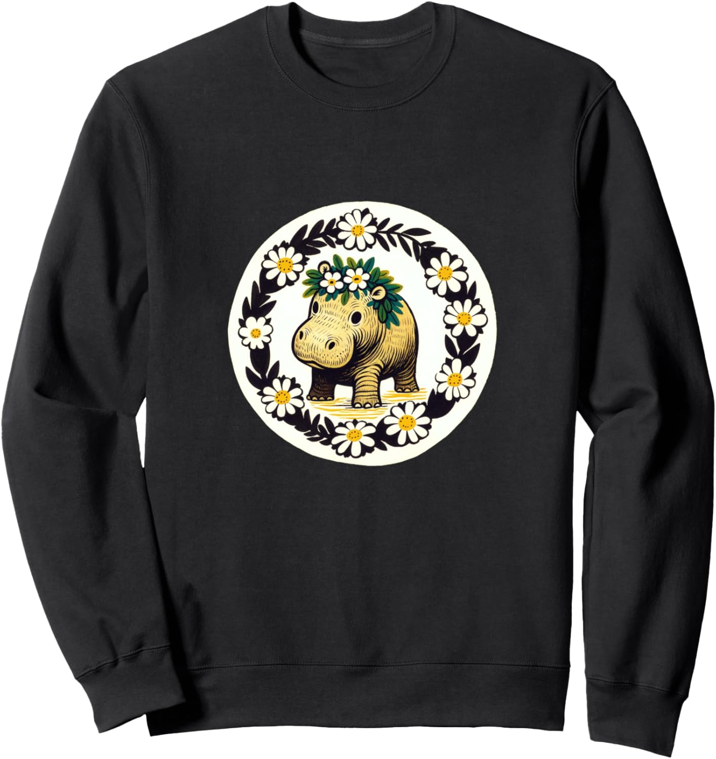 

Венок из ромашек, милый ретро-рисунок с бегемотом, забавный дизайн с бегемотом, винтажная толстовка Vintage Hippopotamus Snugg, черный