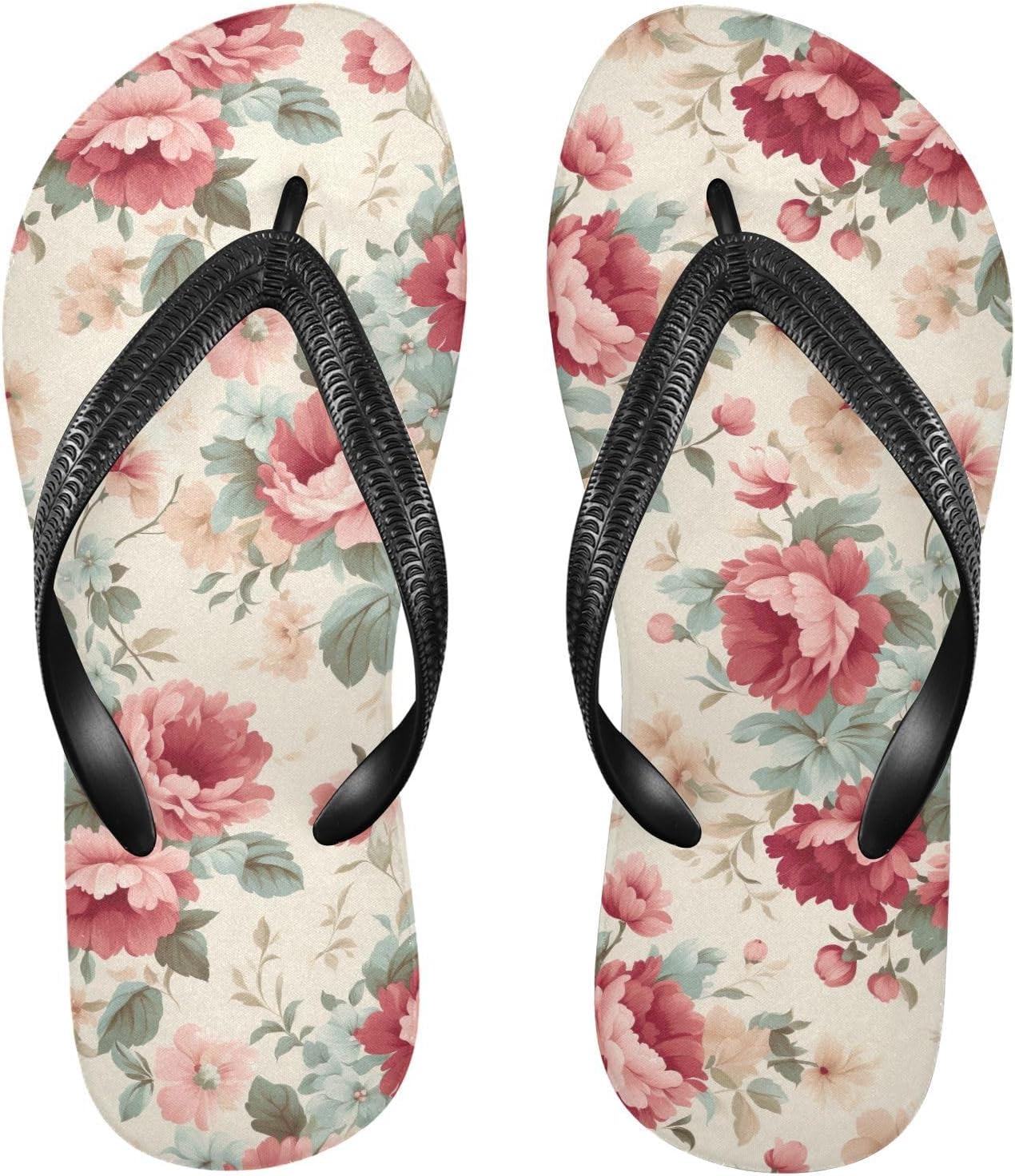 

SPRIPORT Винтажные красные пионы Женские и мужские тонкие шлепанцы с пряжкой, удобные повседневные сандалии с амортизирующей подошвой из нескользящей резины, плоские сандалии для летнего отдыха и прогулок по пляжу