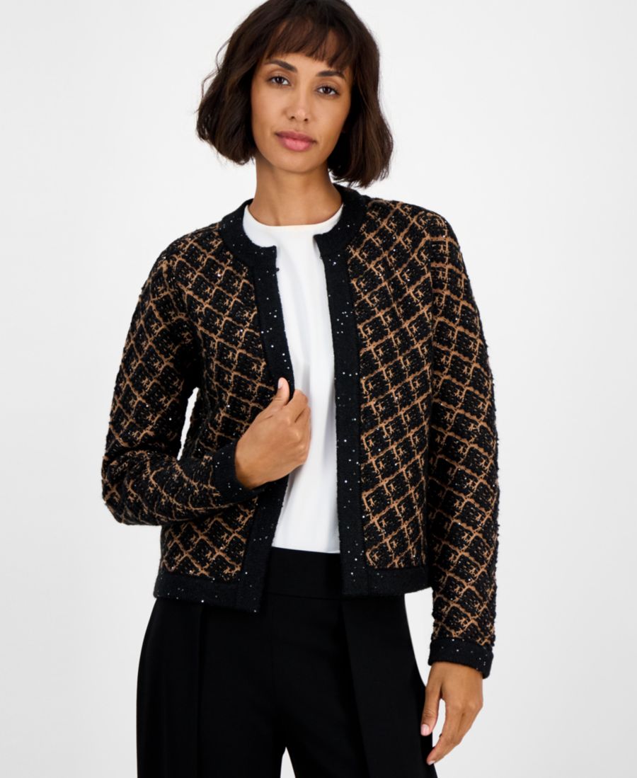 

Женский кардиган в клетку диагональ, с перекрещивающимися нитями спереди Anne Klein, Anne Black/vicuna