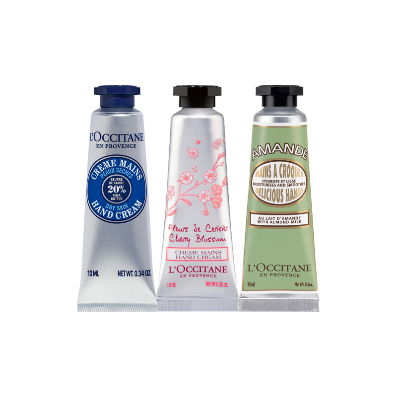 

Набор пробников увлажняющего крема для рук с долгоиграющим ароматом увлажняющий, питающий, ароматный 3 шт LOCCITANE, 10ml of белыйwood + 10ml of cherry blossom + 10ml of sweet peach