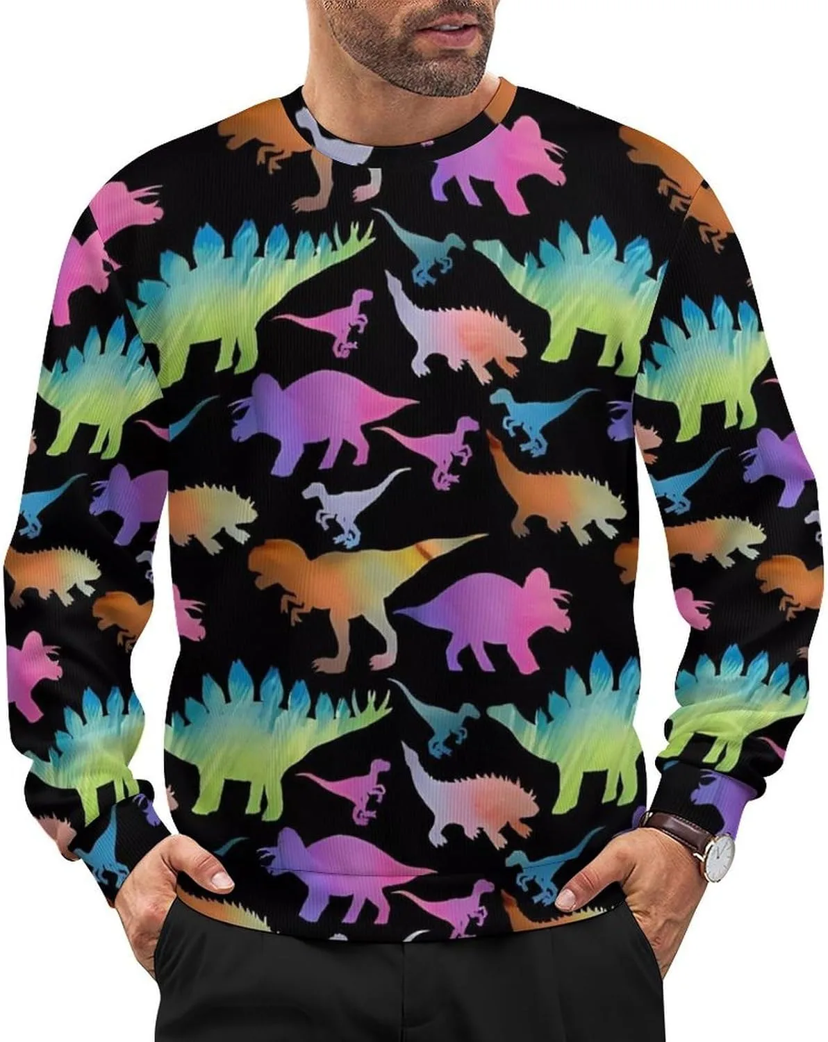 Свитер с принтом динозавров, мужской, Crewneck, вязаный